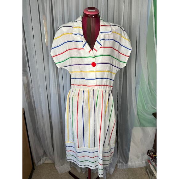 Vintage Dresses & Skirts - Shirt dress 1980s primary stripes red blue purple pockets